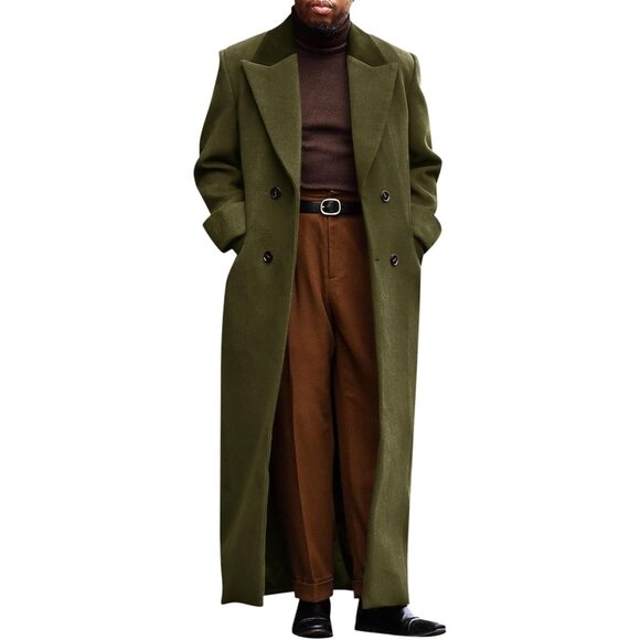 Mens Army Green Full Length Trench Coat Double Breasted Classic Winter Overcoat - Picture 1 of 5